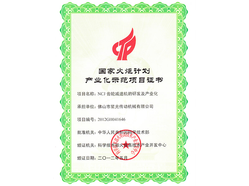 National Torch Program Industrialization Demonstration Project Certificate 